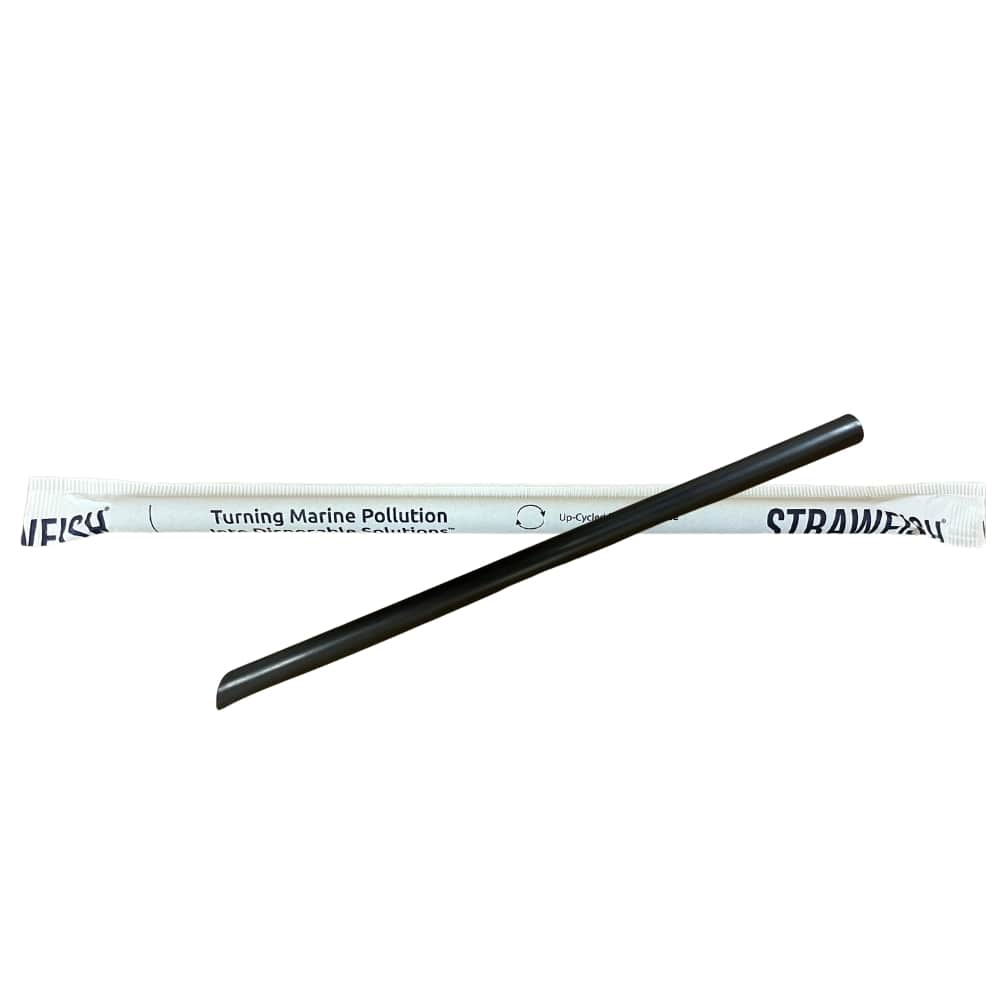 Strawfish Black Boba Wrapped Biodegradable Angle Cut Straw, 9.5 Inch 12mm -- 2000 Per Case
