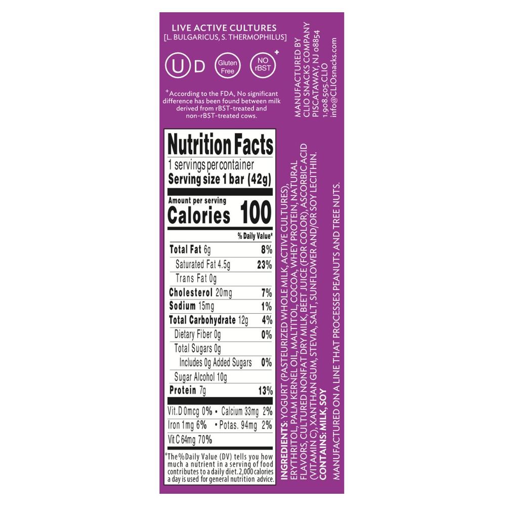 Clio Zero Sugar Chocolate Covered Mixed Berry Greek Yogurt Bar, 1.48 Ounce -- 10 Per Case
