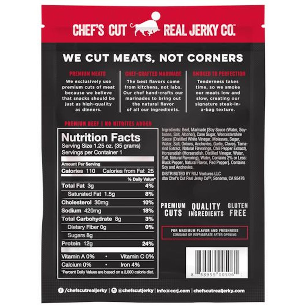 Chef's Cut Real Jerky Co. Original Recipe Smoked Beef Jerky, 1.25 Ounce -- 12 Per Case