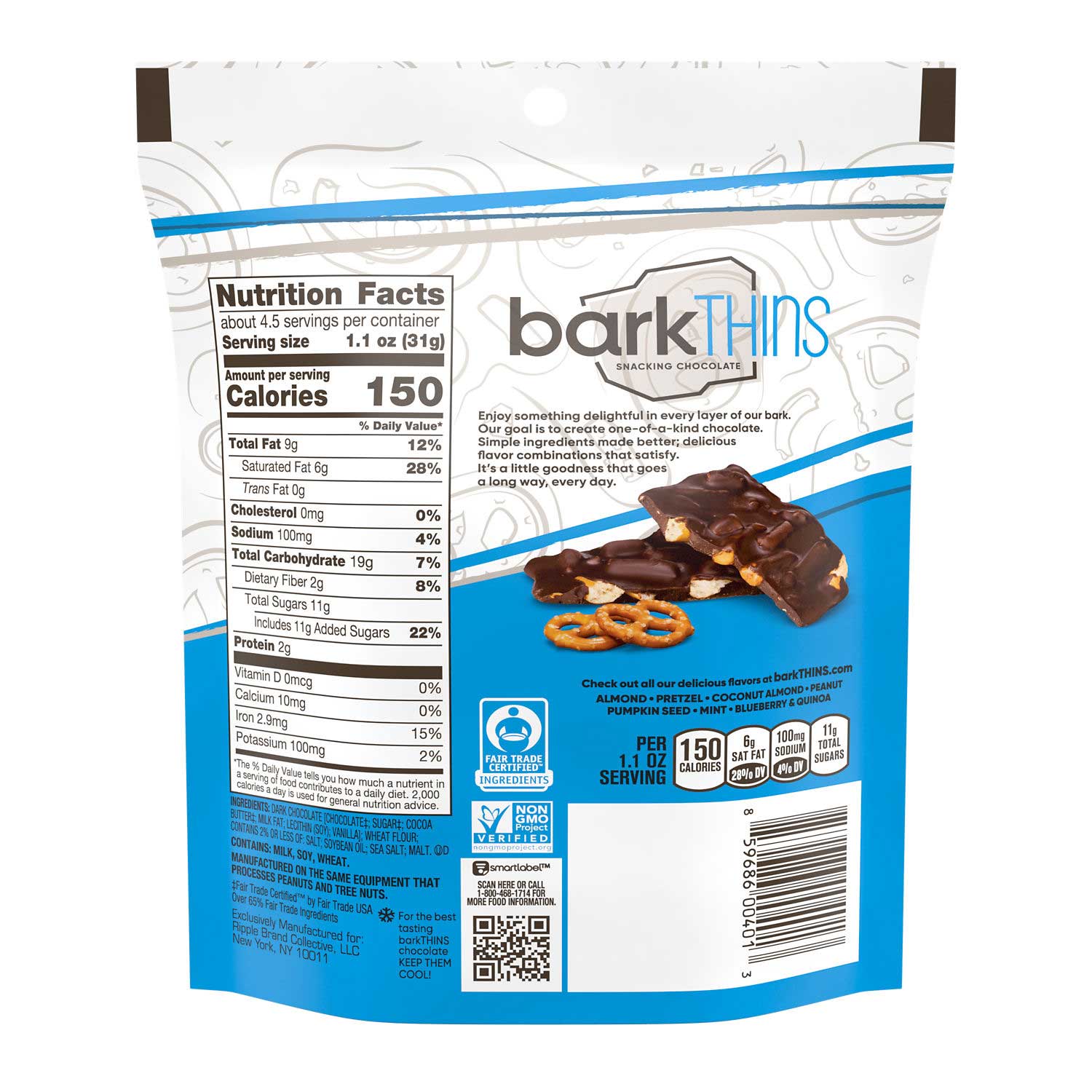 Bark Thins Dark Chocolate Pretzel, Regular Pouch, 4.7 Ounce -- 12 Per Case