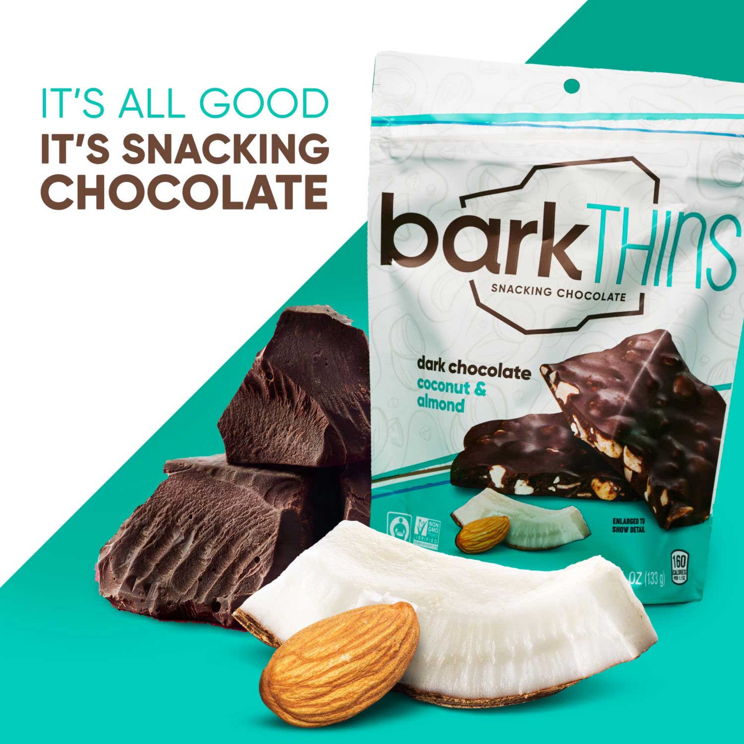 Bark Thins Dark Chocolate Coconut With Almonds, Regular Pouch, 4.7 Ounce -- 12 Per Case