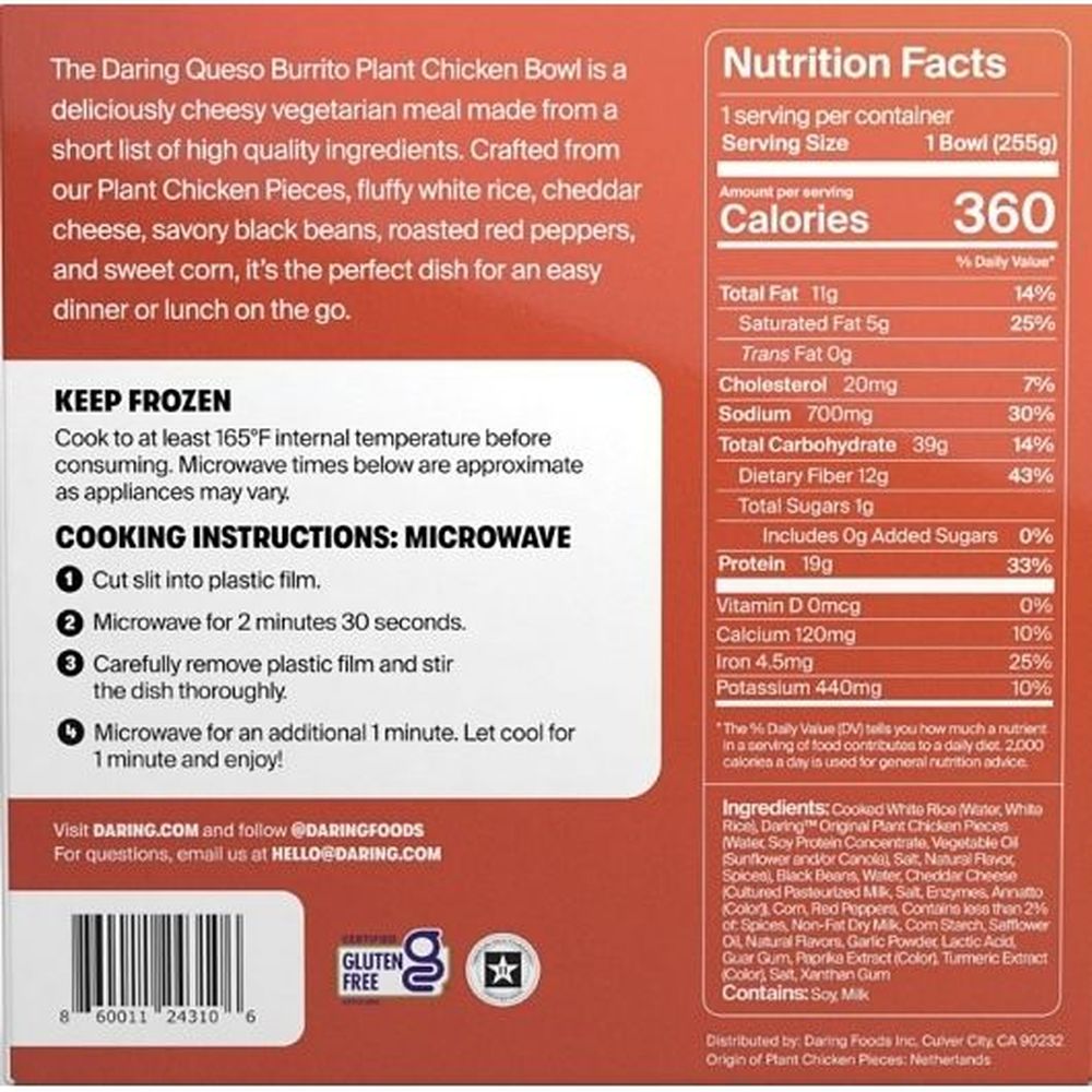 Daring Queso Burrito Plant Chicken Bowl, 9 Ounce -- 6 Per Case