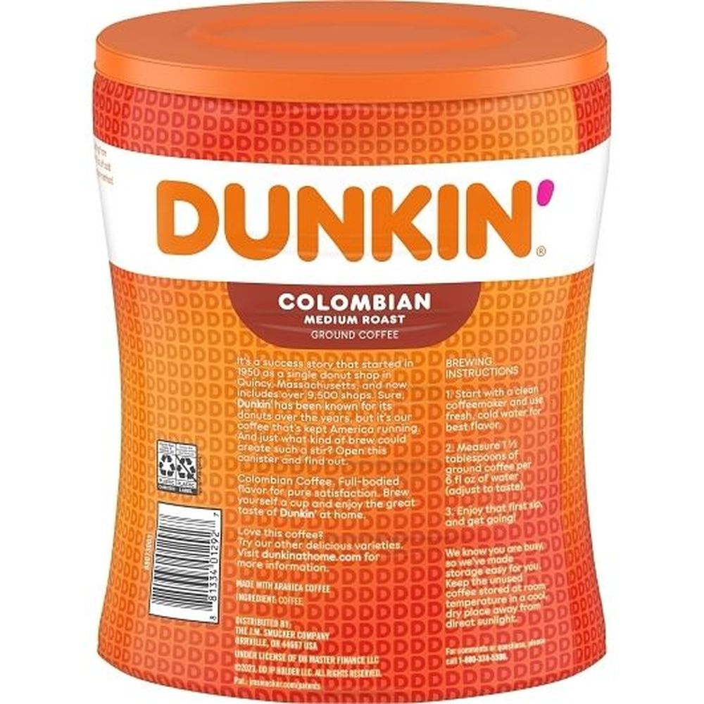 Dunkin' Colombian Medium Roast Ground Coffee, 27.5 Ounce Canister -- 4 Per Case