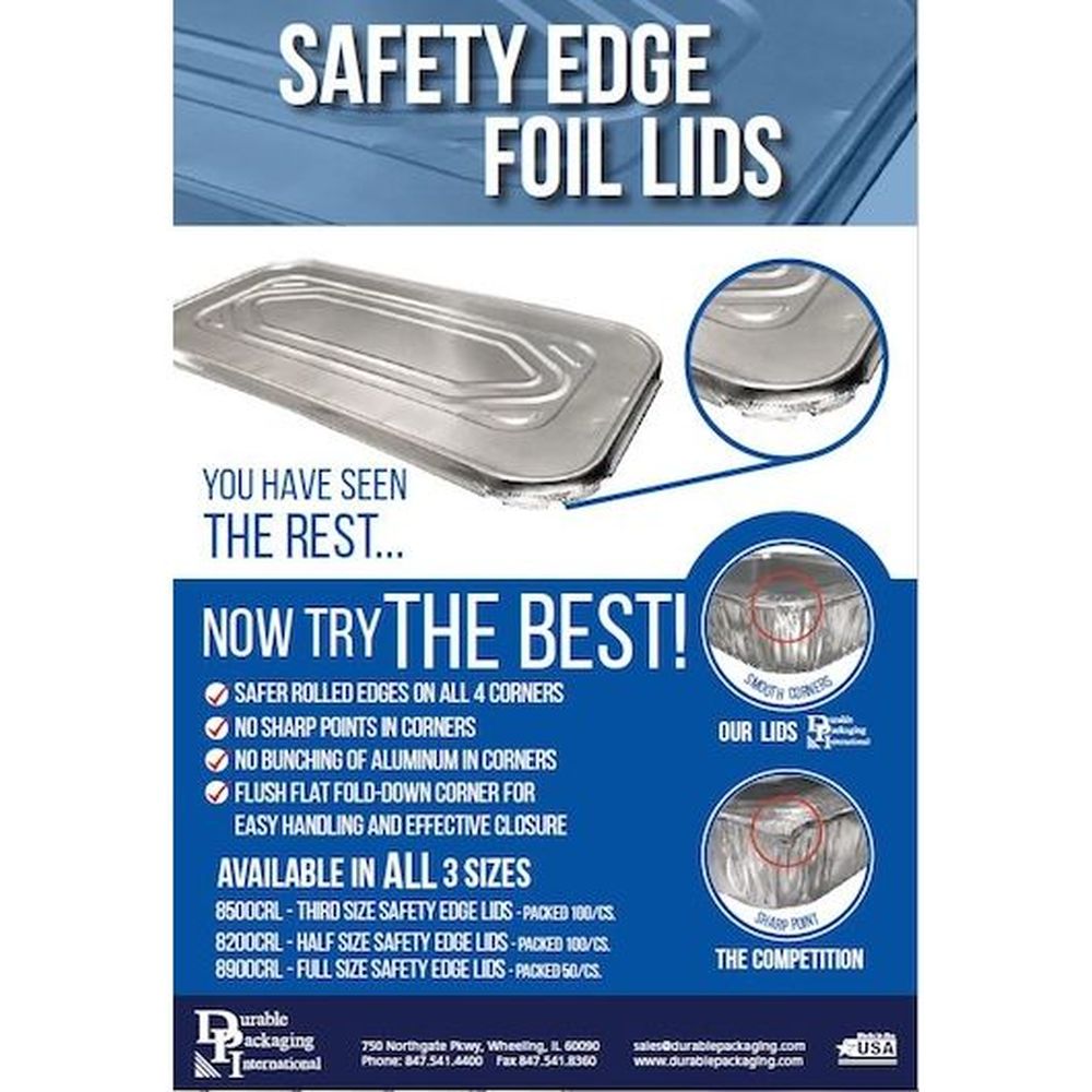 Durable Packaging Full Size Steam Table Pan Foil Lid with Safety Edge, 50 count
