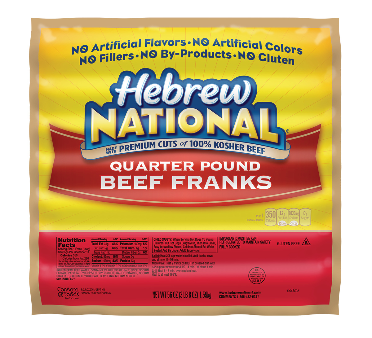 Hebrew National Quarter Pound Beef Franks, 56 Ounce -- 10 Per Case