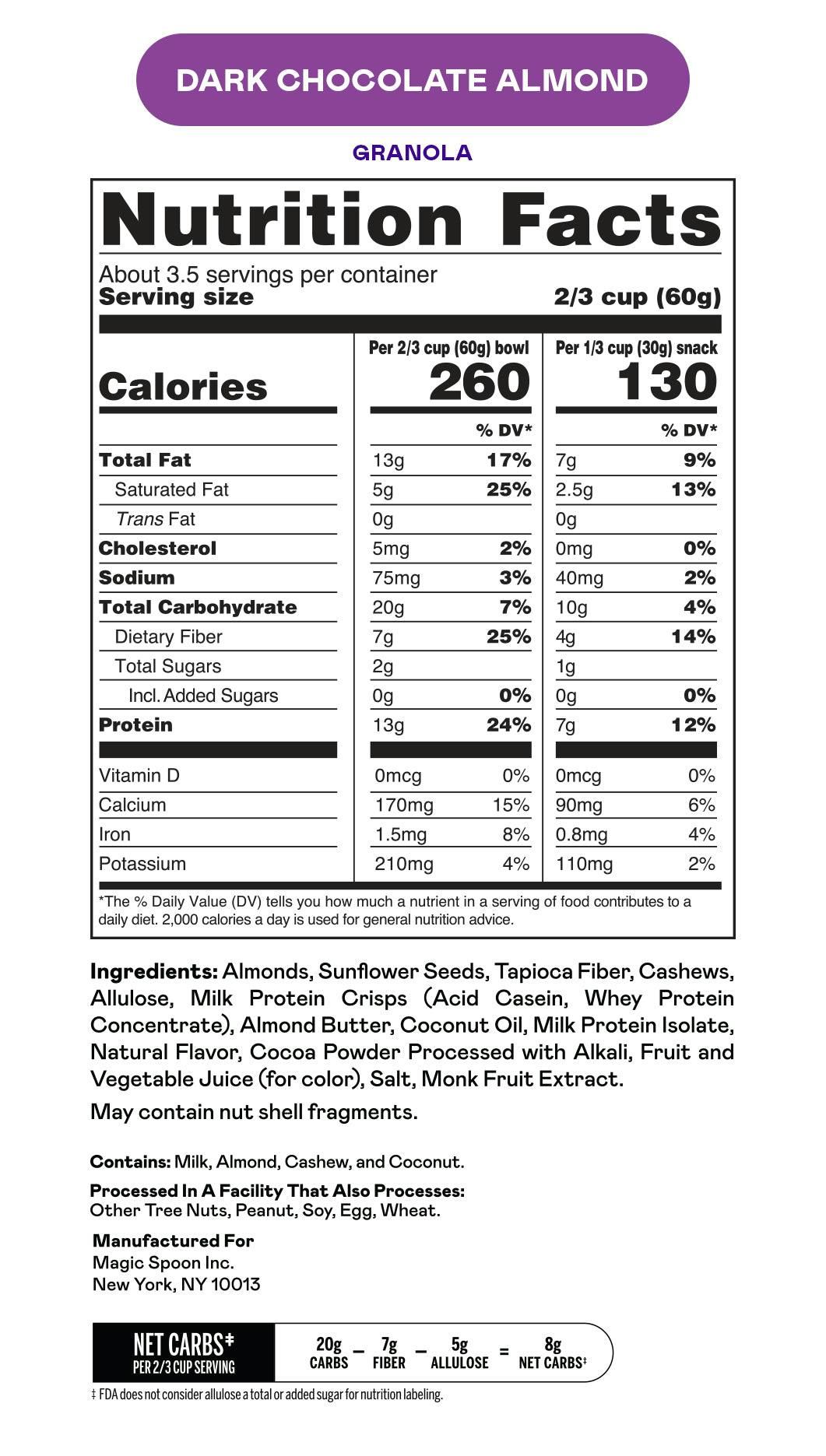 Magic Spoon Dark Chocolate Almond Protein Granola, 8 Ounce -- 4 per case