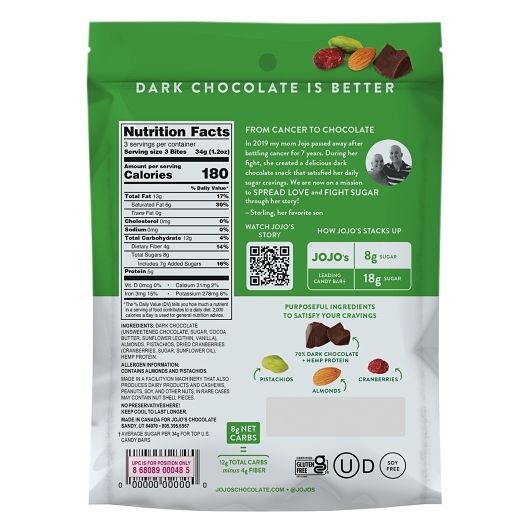 Jojo's Pistachios Almonds Cranberries Dark Chocolate Bites, 3.6 Ounce -- 6 Per Case