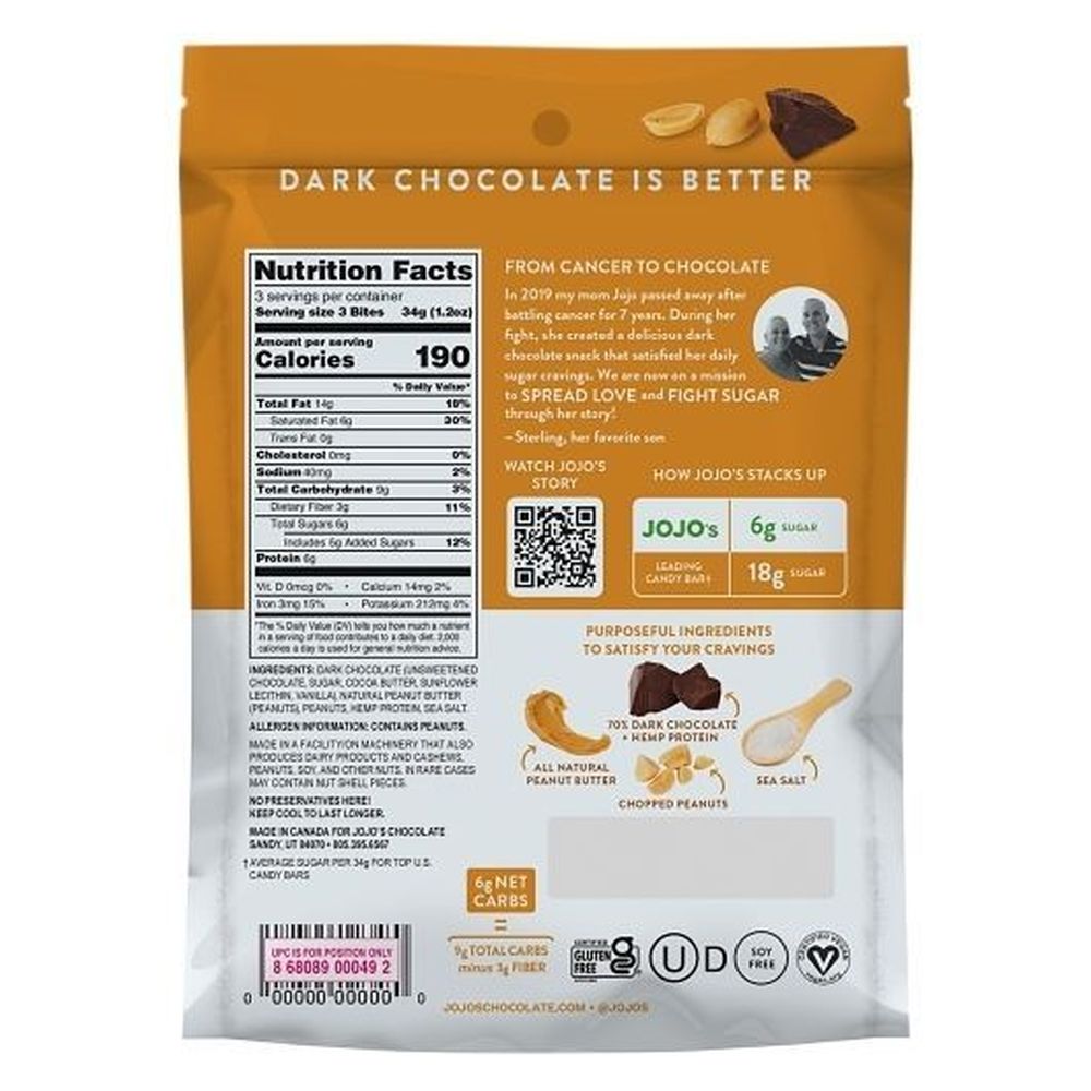 Jojos's Dark Chocolate Plant Based Protein Peanut Butter Filled Bites, 3.6 Ounce -- 6 Per Case