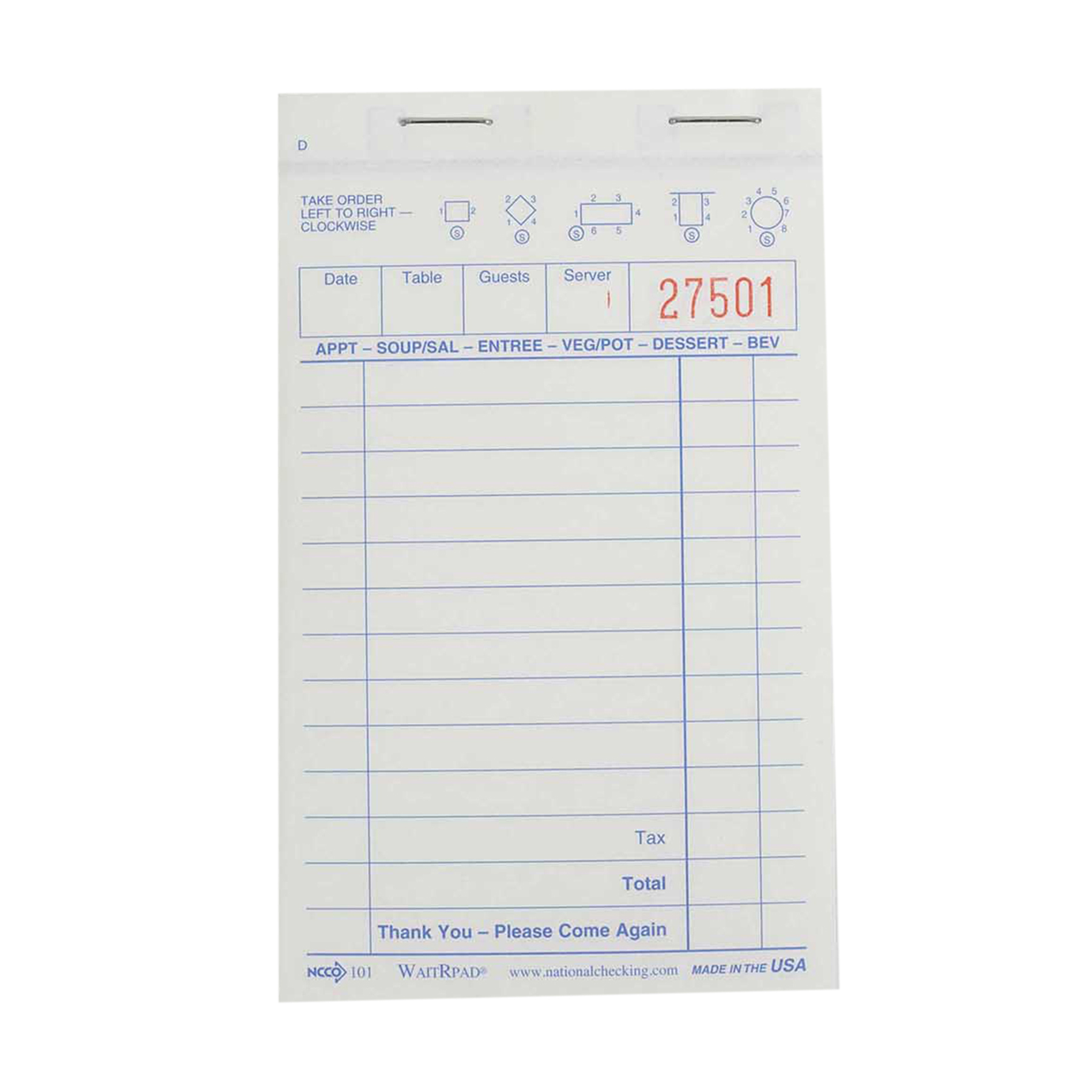 Ncco Carbonless Waitrpad Paper, 2 Part White, 13 Line, 3.4 X 5.63 Inch -- 5000 Per Case
