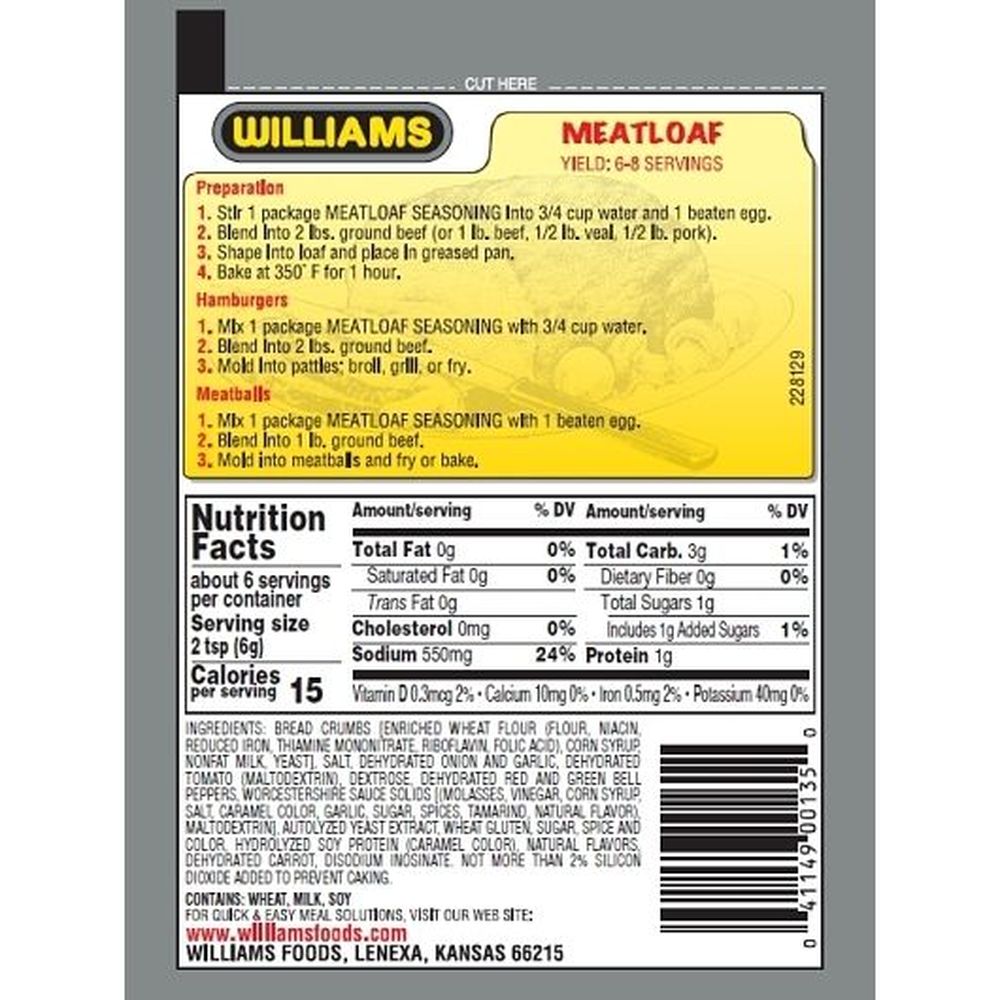 Williams Meatloaf Seasoning, 1.25 Ounce -- 24 Per Case