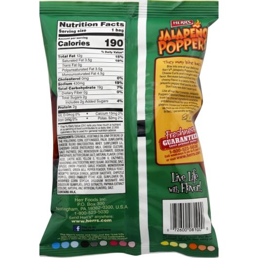 Herr's Jalapeno Poppers Cheese Curls, 1.23 Ounce -- 60 Per Case