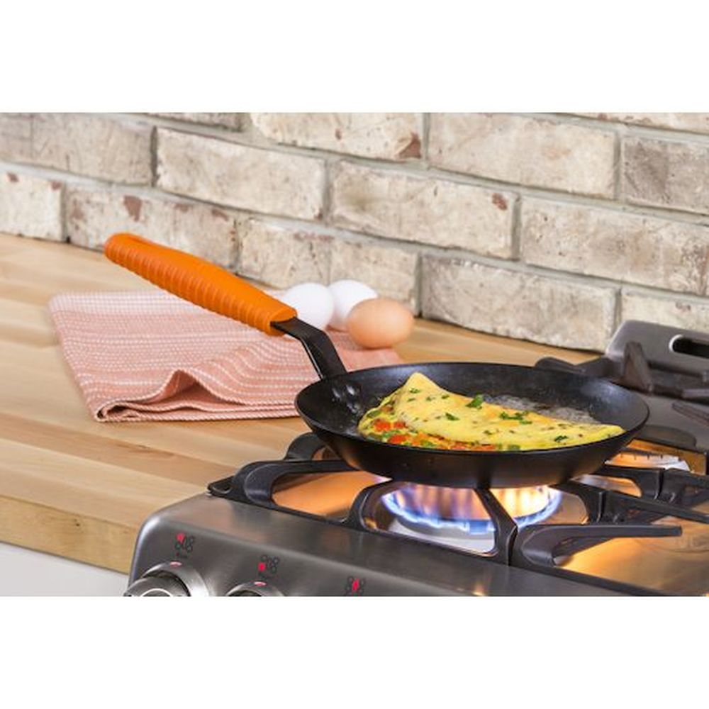 Lodge 10 Inch Seasoned Carbon Steel Skillet With Orange Silicone Handle Holder, 3 Count