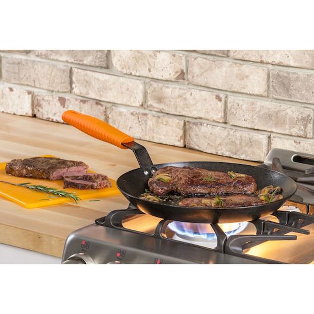 Lodge 12 Inch Seasoned Carbon Steel Skillet With Orange Silicone Handle Holder, 3 Count