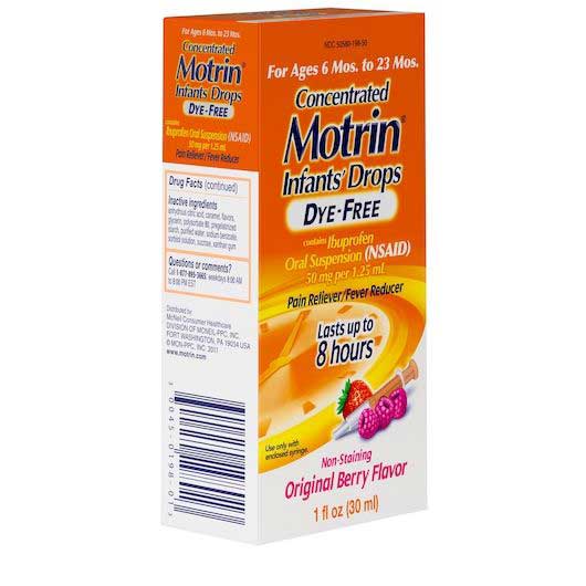 Motrin Concentrated Infants Drops Dye Free Original Berry Flavor Pain Reliever Fever Reducer, 1 Fluid Ounce -- 36 Per Case
