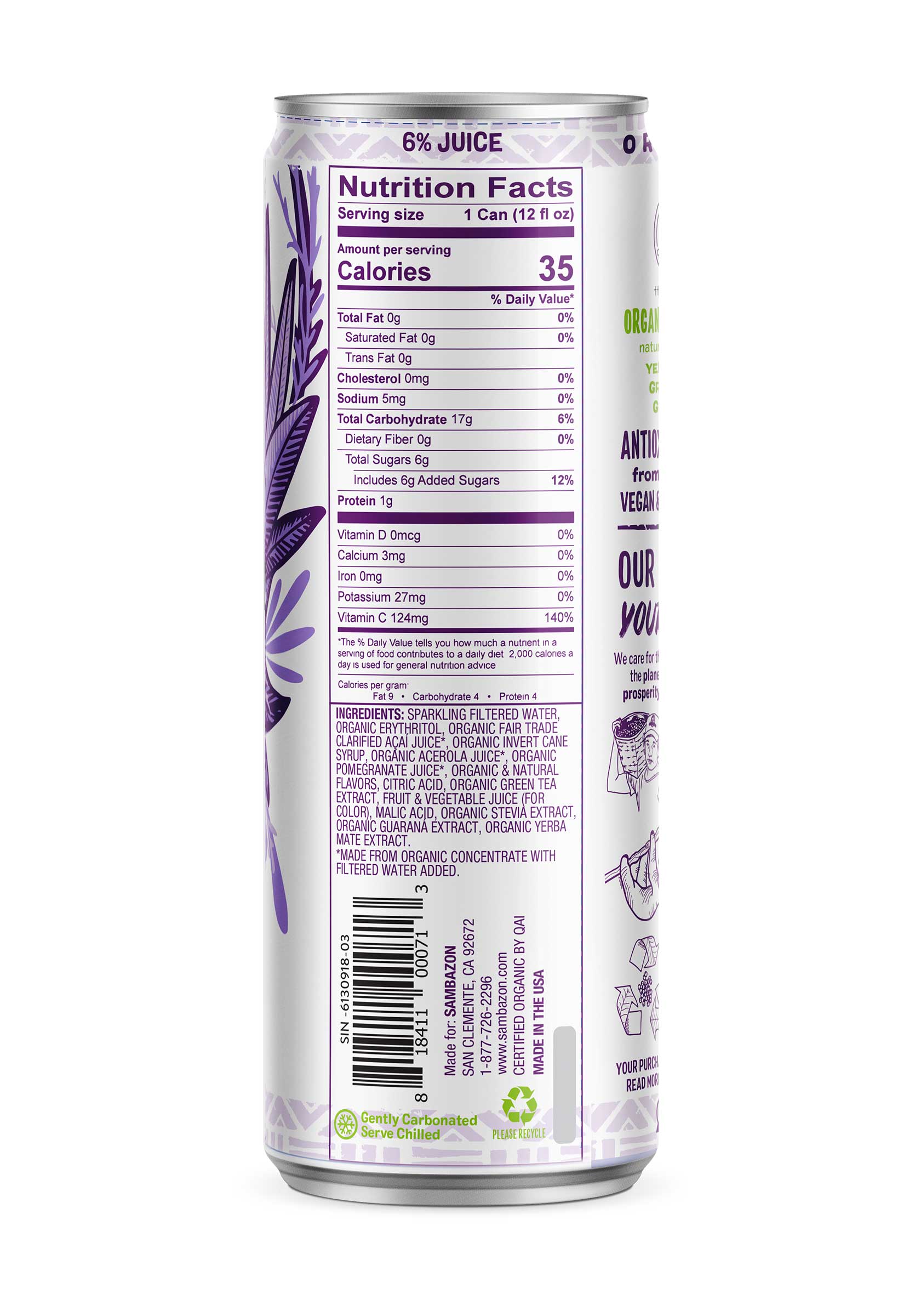Sambazon Amazon Energy Organic Acai Berry Low Calorie Energy Drink, 12 Ounce -- 12 Per Case