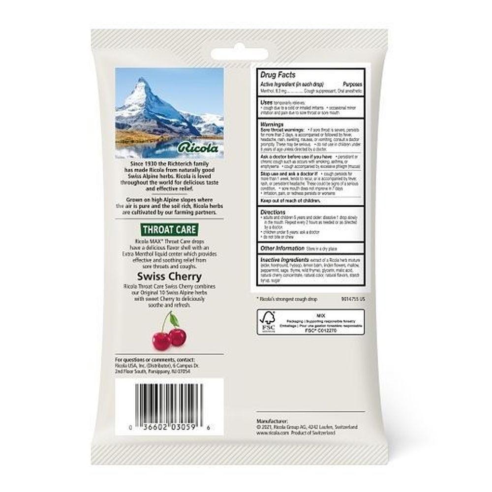 Ricola Max Swiss Cherry Throat Care Drops, 34 Count -- 36 Per Case