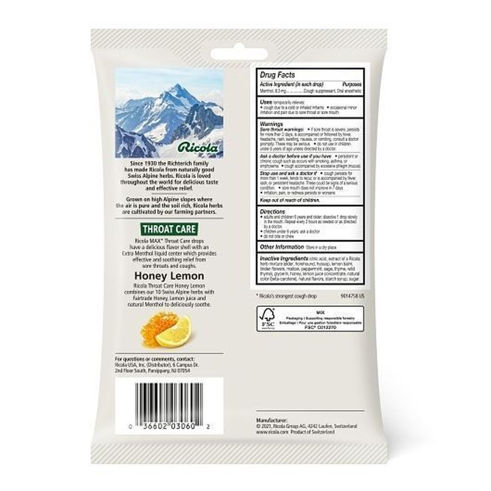 Ricola Max Throat Care Honey Lemon Cough Drops, 34 Count -- 36 Per Case