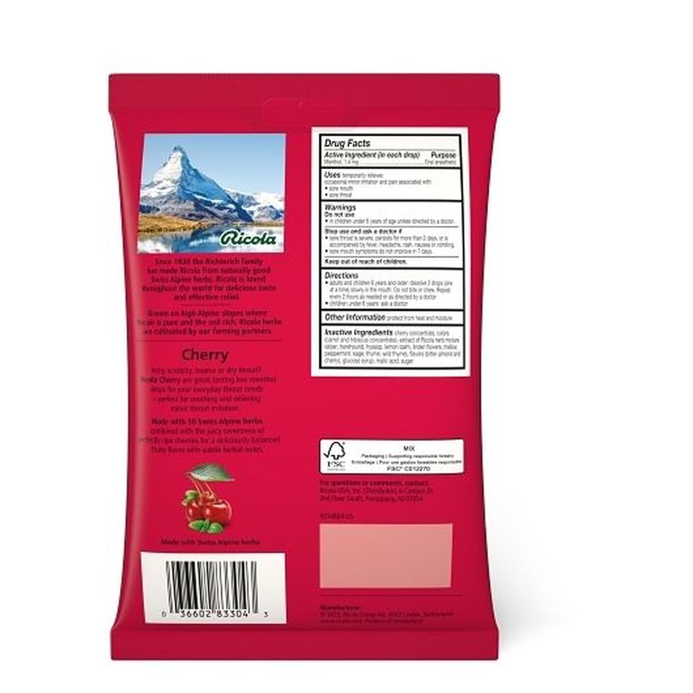Ricola Cherry Flavor Menthol Drops, 45 Count -- 36 Per Case
