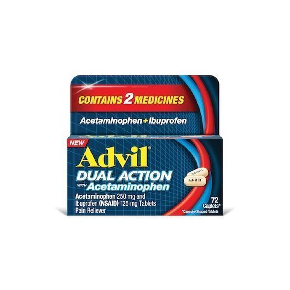 Advil Dual Action With Acetaminophen Pain Reliever Caplets, 72 Count -- 36 Per Case