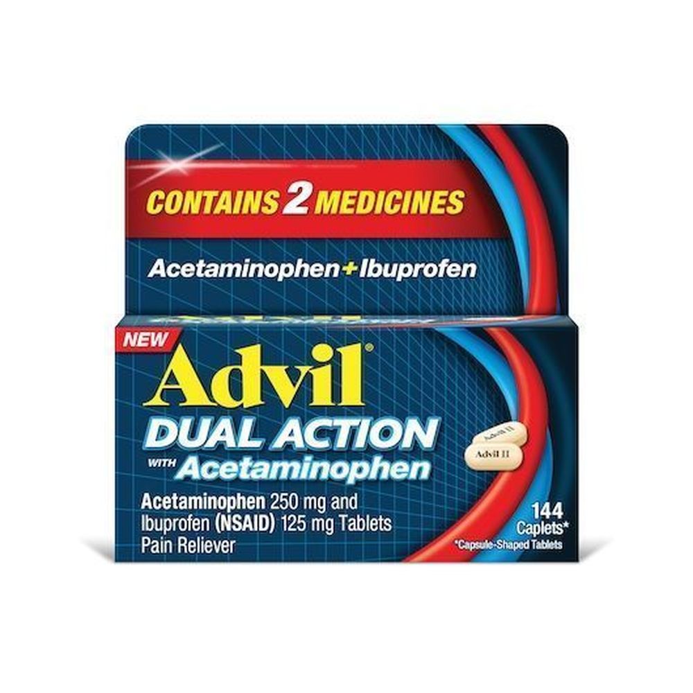 Advil Dual Action With Acetaminophen Pain Reliever Caplets, 144 Count -- 12 Per Case