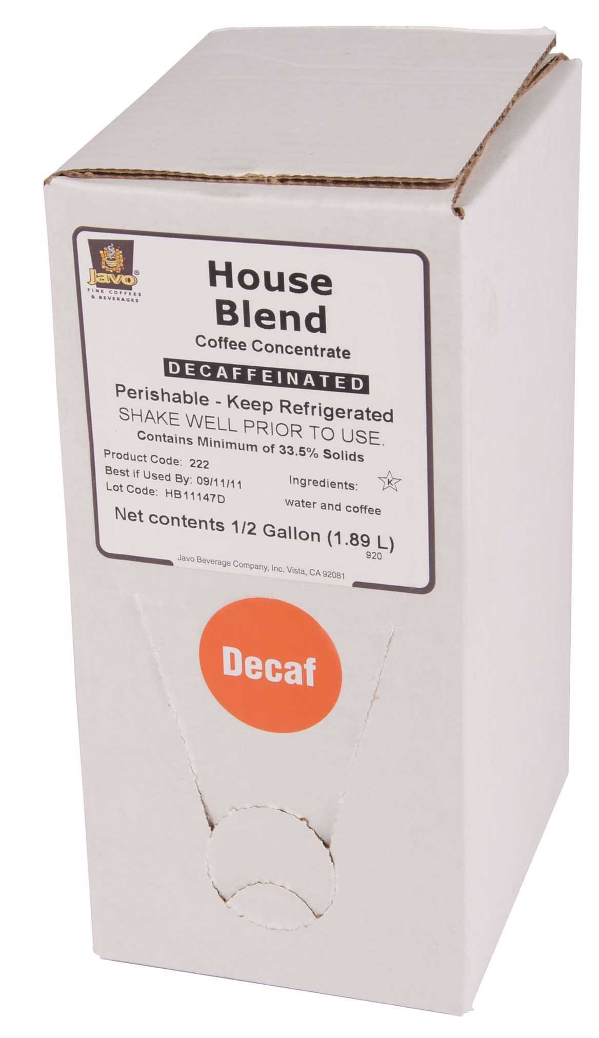 Javo Beverage House Blend Decaf Coffee Concentrate, Bag In Box, 0.5 Gallon -- 2 Per Case