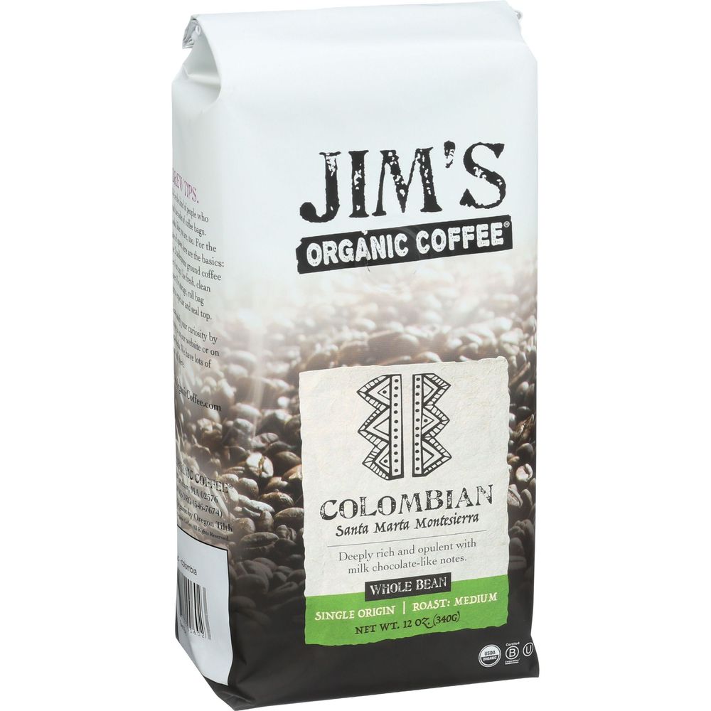 Jims Organic Coffee Colombian Medium Roast Whole Bean Coffee, 12 Ounce -- 6 Per Case