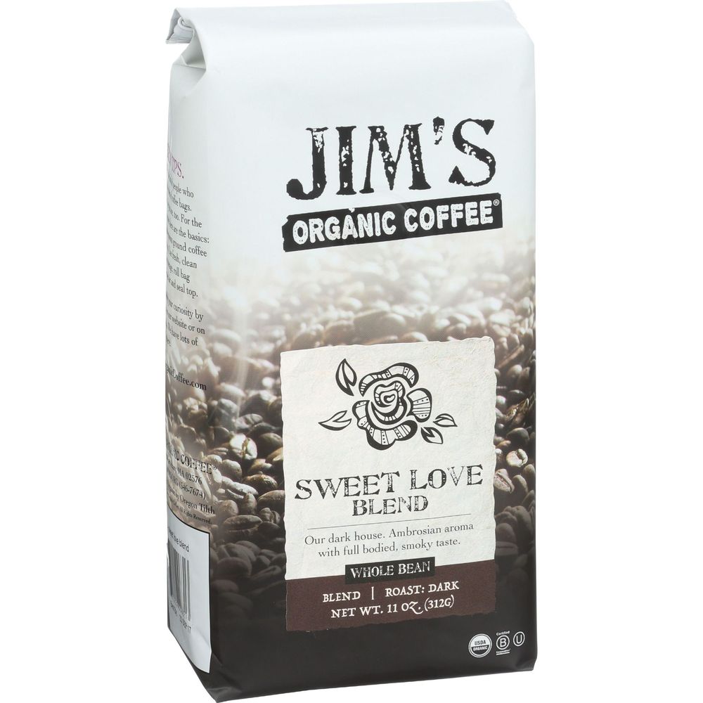 Jims Organic Coffee Sweet Love Blend Dark Roast Whole Bean Coffee, 11 Ounce -- 6 Per Case