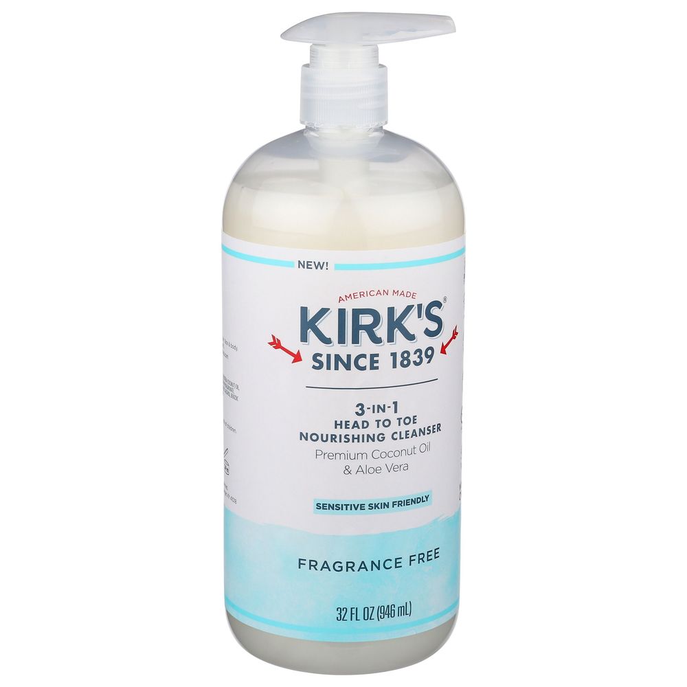 Kirk's Fragrance Free Coconut Oil And Aloe Vera 3-in-1 Head To Toe Nourishing Cleanser, 32 Fluid Ounce
