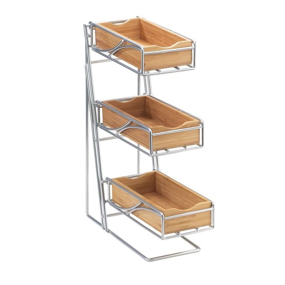 Cal-mil Silver Frame 3 Tier Condiment Display With Bamboo Bin, 5.25 X 14 X 18 Inch