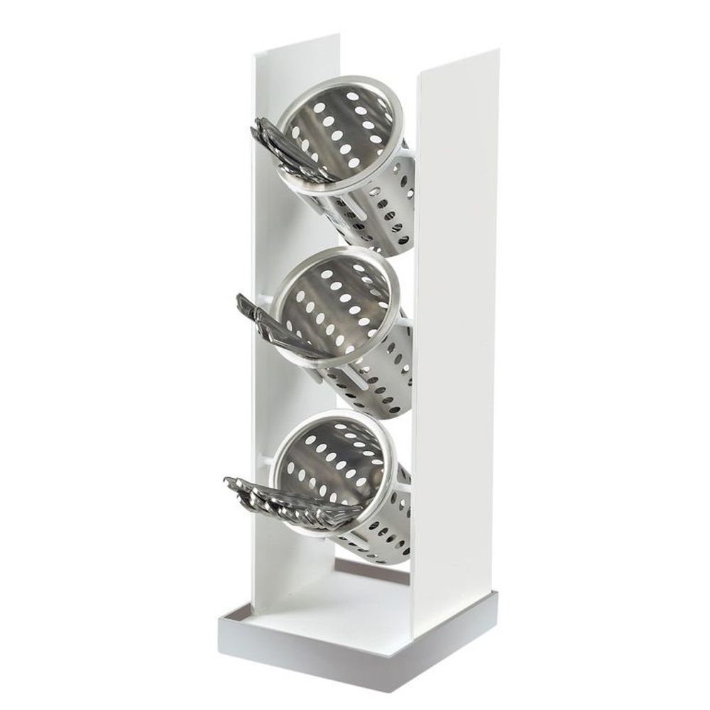 Cal-mil Exhibidor Vertical De 3 Cilindros De Metal Blanco Con Base De Acero Inoxidable Luxe Para Cubiertos / Condimentos, 6.75 X 7.5 X 20.25 Pulgadas