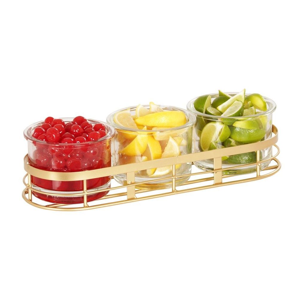 Cal-mil Monaco Gold Metal Oval Condiment Organizer With Three 16 Ounce Glass Jar, 13.375 Inch Length X 4.875 Inch Width X 4.75 Inch Height