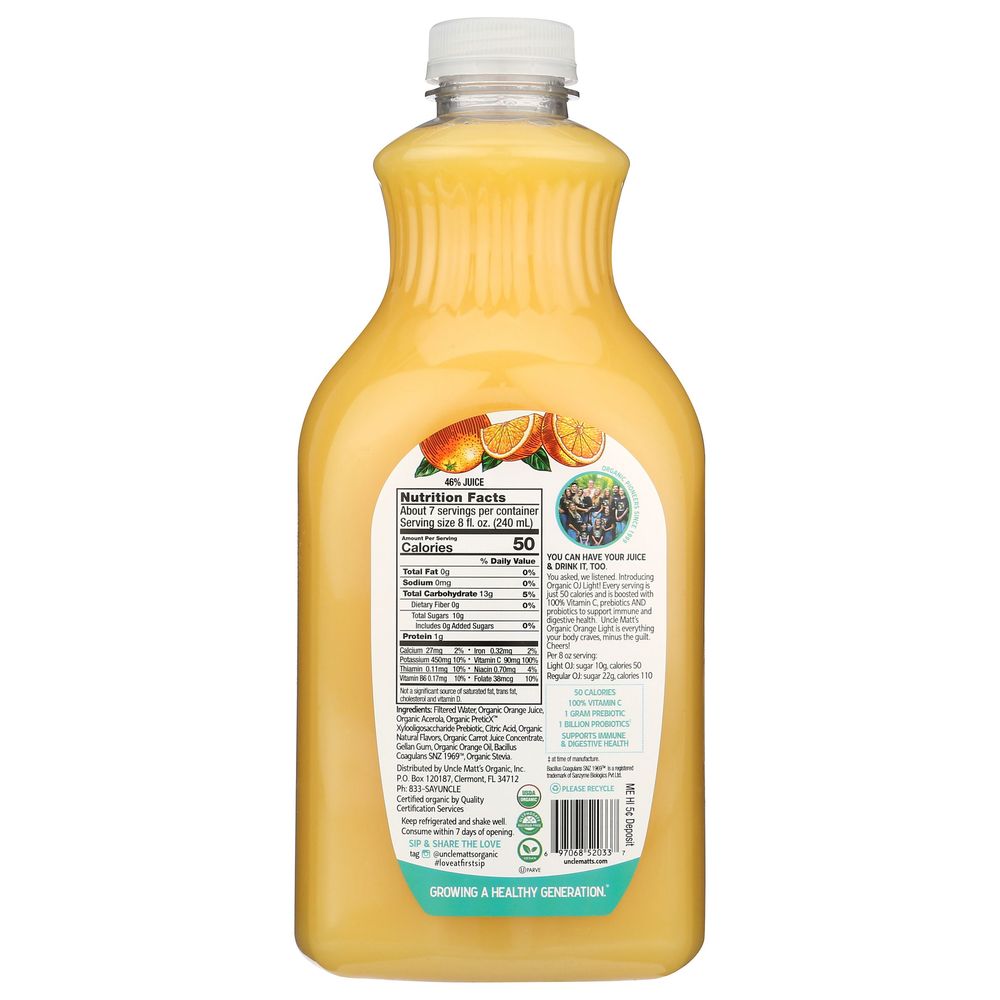Unclematts Organic Light Orange Juice, 52 Fluid Ounce -- 6 per case