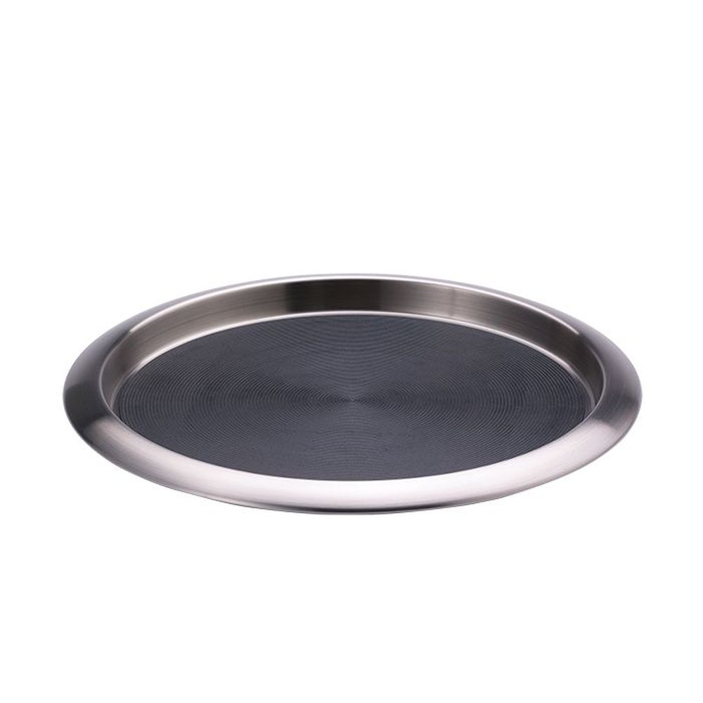 Service Ideas Brushed Stainless Non Slip Round Molded-insert Stackable Bar And Serving Tray, 12 X 12 X 1 Inch