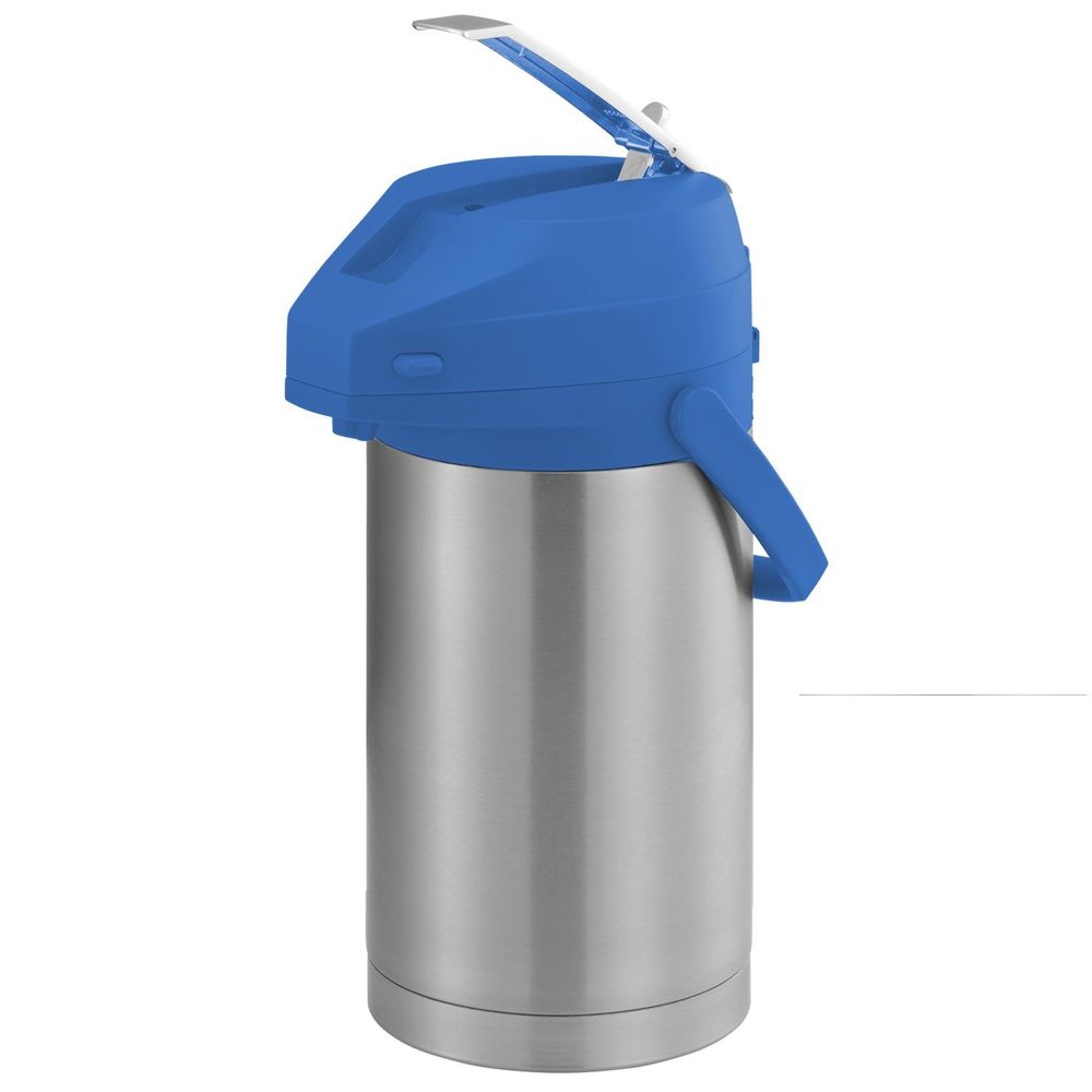 Service Ideas Color Me Svac Brushed Stainless Finish Vacuum Insulated Airpot With Blue Lever Pump Lid, 3 Liter Capacity