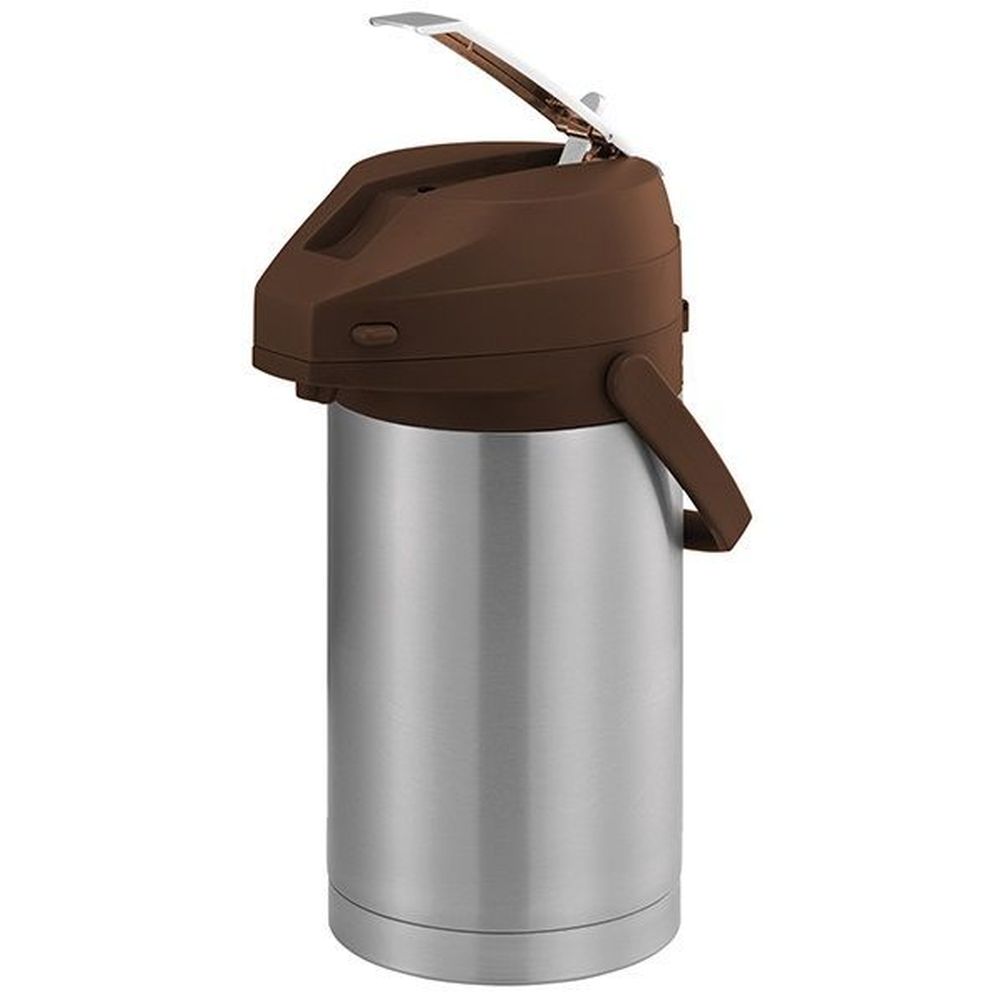 Service Ideas Color Me Svac Brushed Stainless Finish Vacuum Insulated Airpot With Brown Lever Pump Lid, 3 Liter Capacity