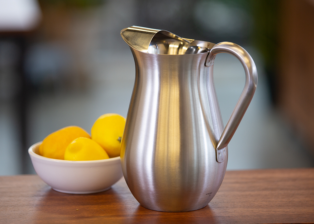 Service Ideas Brushed Finish Stainless Steel Bell Pitcher With Ice Guard, 2 Liter Capacity