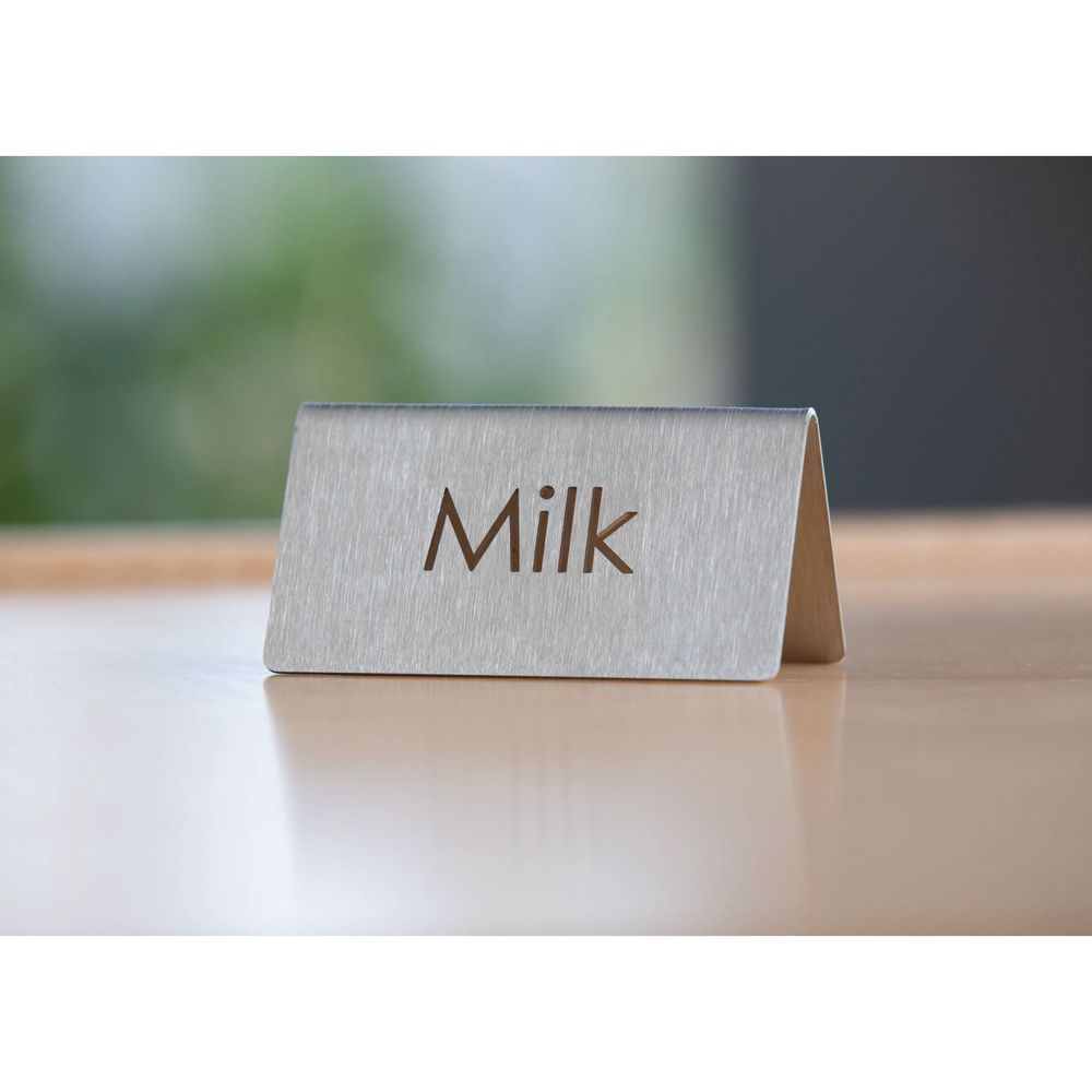 Service Ideas 18/8 Stainless Steel Brushed Finish Milk Laser Cut Id Table Tent, 1.75 Inch Width X 1.5 Inch Height