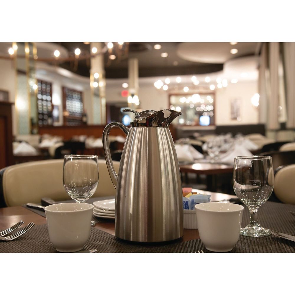 Service Ideas Classy Brushed With Polished Accents Finish Glass Vacuum Insulated Carafe With Push Button, 1 Liter Capacity