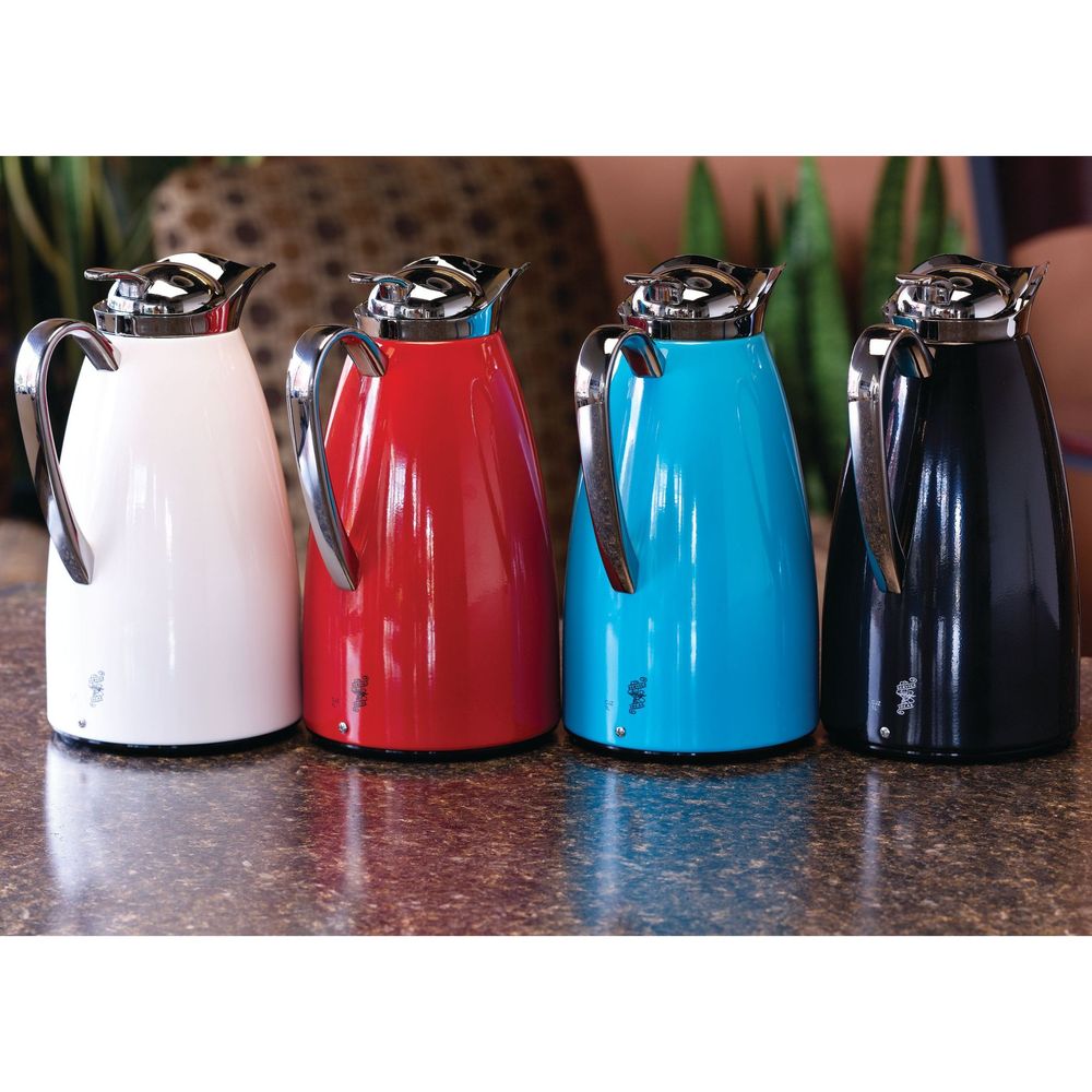 Service Ideas Classy Blue Finish Glass Vacuum Insulated Carafe With Push Button, 1 Liter Capacity