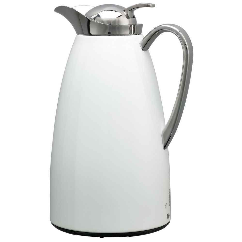 Service Ideas Classy White Finish Glass Vacuum Insulated Carafe With Push Button, 1 Liter Capacity