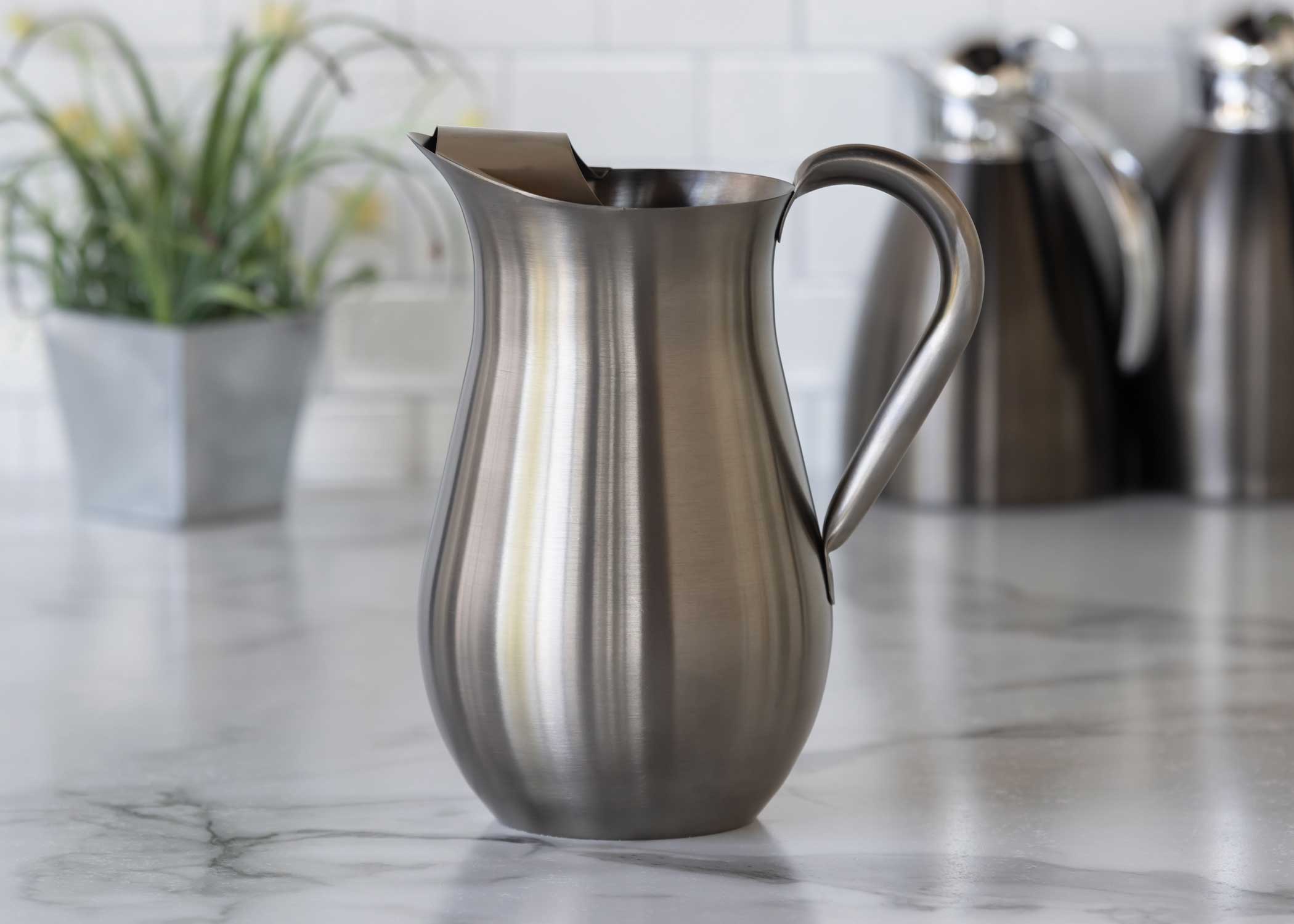 Service Ideas Dark Tungsten Stainless Steel Bell Pitcher With Ice Guard, 2 Liter Capacity