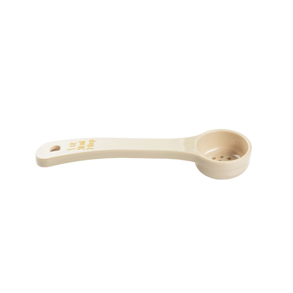 Tablecraft Polycarbonate Beige Perforated Short Handle Spoonout With Yellow Capacity Marking, 1 Ounce Capacity -- 12 Per Case