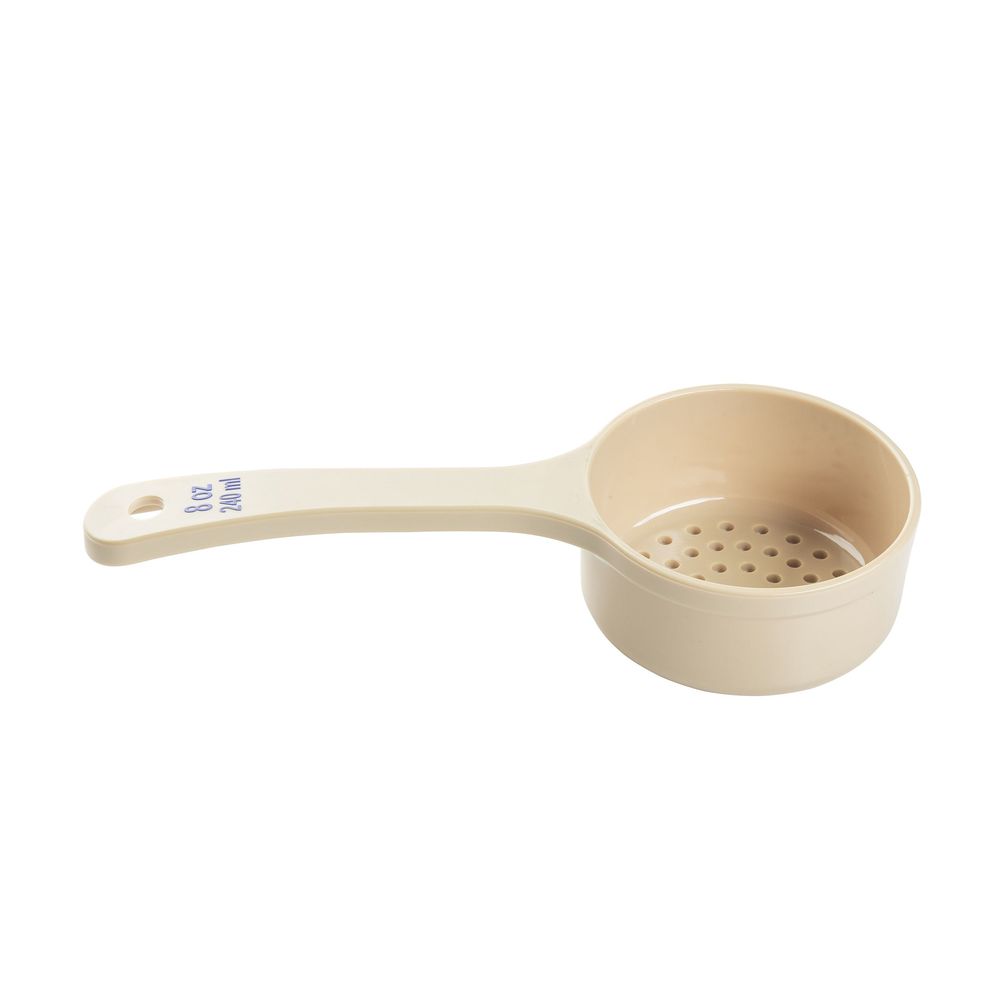 Tablecraft Polycarbonate Beige Perforated Short Handle Spoonout With Blue Capacity Marking, 8 Ounce Capacity -- 12 Per Case