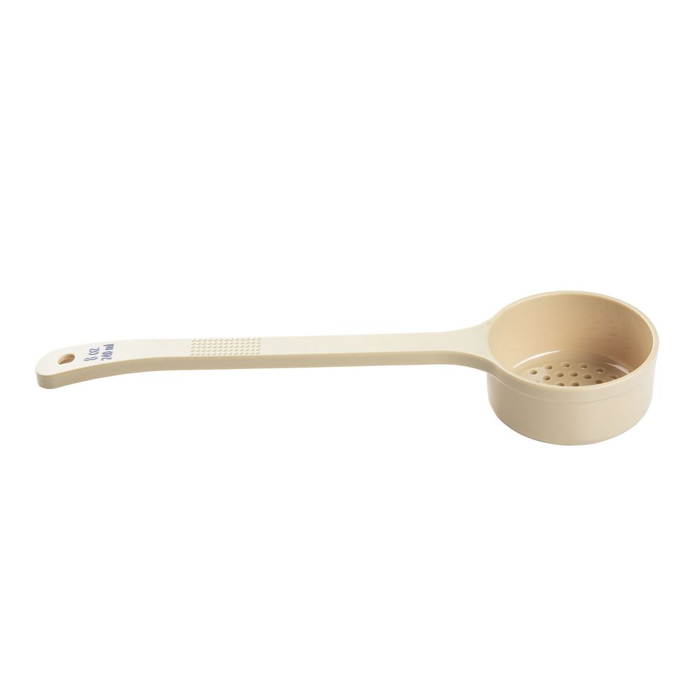 Tablecraft Polycarbonate Beige Perforated Long Handle Spoonout With Blue Capacity Marking, 8 Ounce Capacity -- 12 Per Case