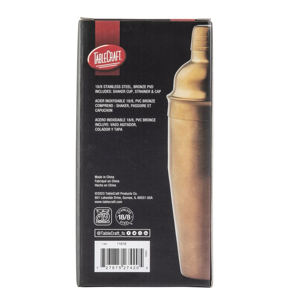 Tablecraft Pvd Barware 18-8 Stainless Steel Bronze 3-piece Cocktail Shaker, 24 Ounce Capacity -- 6 Per Case
