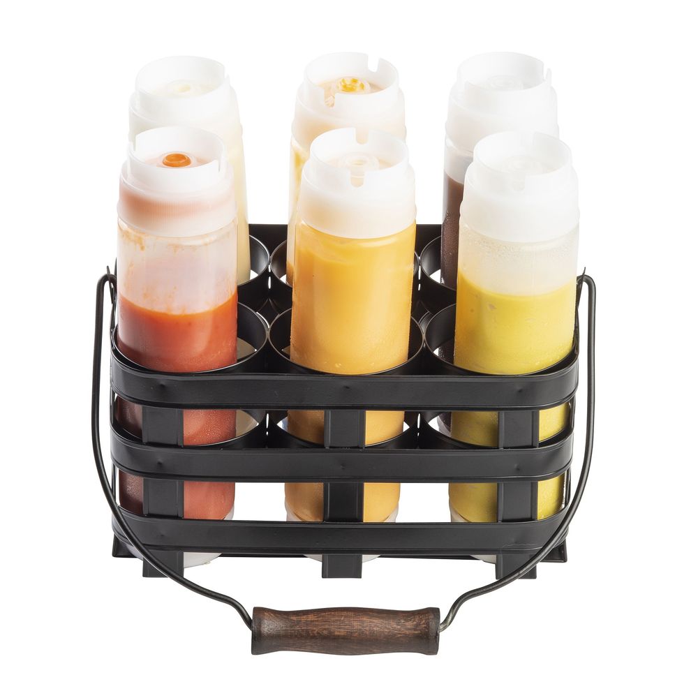 Tablecraft Forge Collection Black Painted Steel Squeeze Bottle Caddy - Holds 6 Bottles, 9.875 X 7.25 X 6.75 Inch