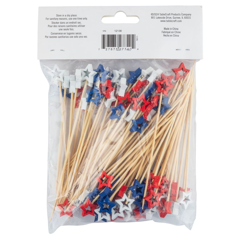 Tablecraft 4.5 Inch Bamboo And Pinewood Assorted Red White And Blue Stars Decorative Picks - Combo, 100 Count -- 12 Per Case