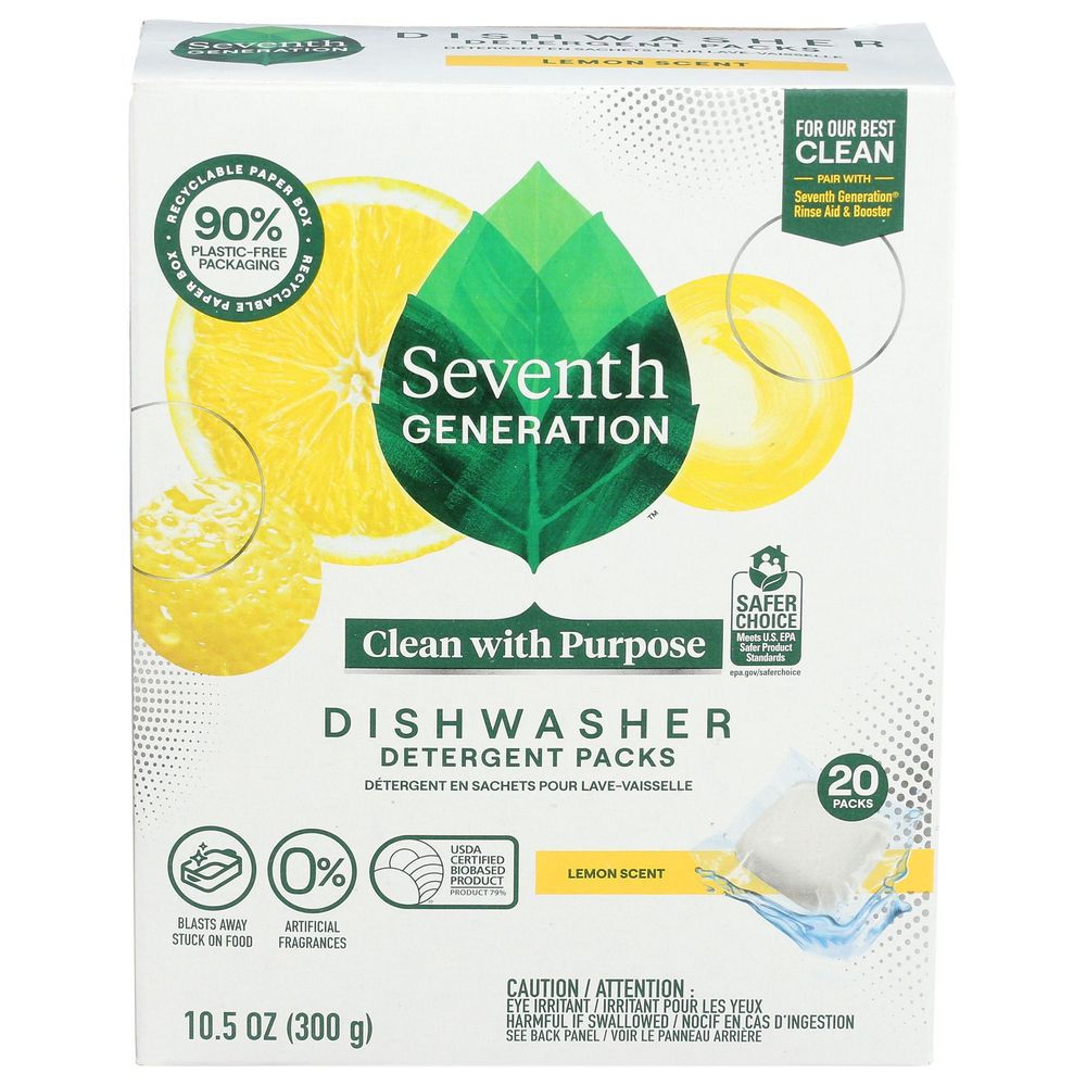 Seventh Generation Lemon Scent Dishwasher Detergent Pack, 20 Count -- 6 Per Case