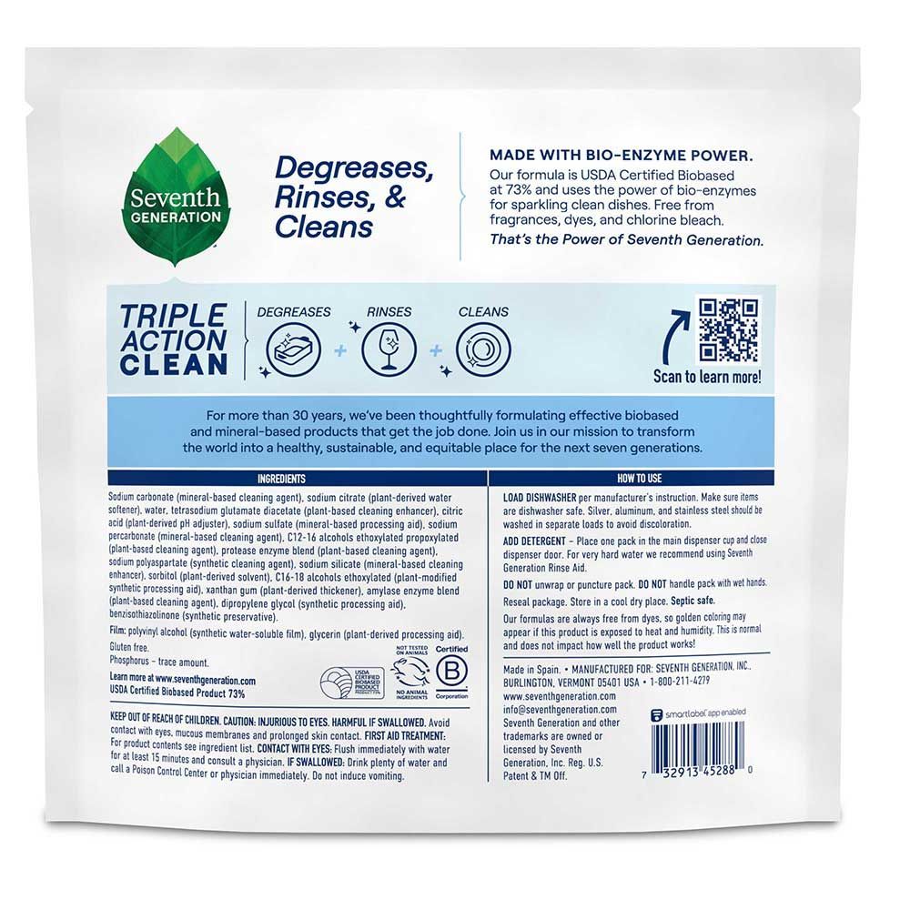 Seventh Generation Triple Action Clean Free And Clear Dishwasher Detergent Packs, 16 Count -- 8 Per Case