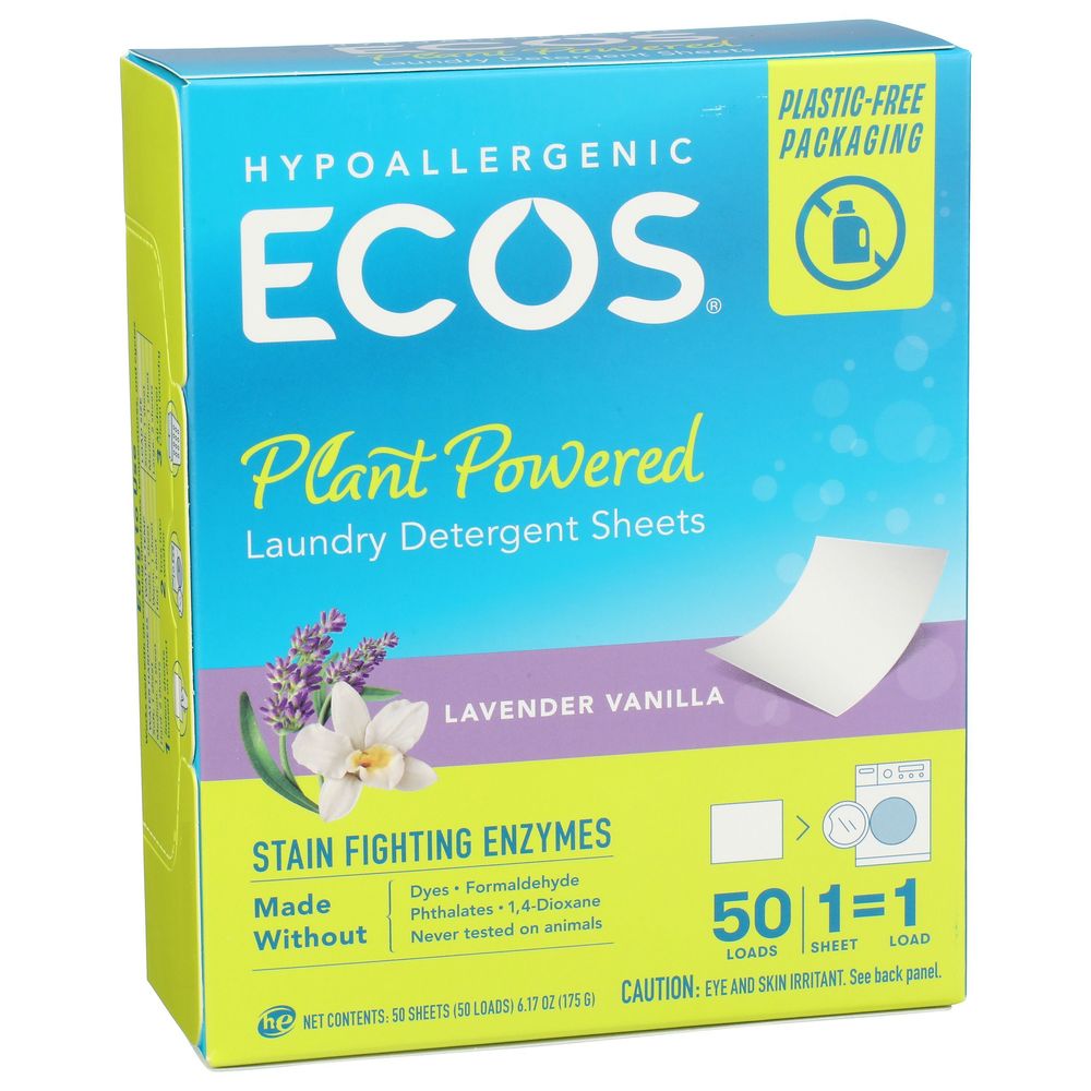 Hojas De Detergente Para Ropa Sin Líquido Ecosnext De Lavanda Y Vainilla, 50 Unidades -- 10 Por Caja